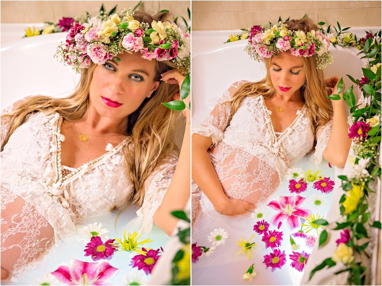 Maternity Milk Bath Photography Austin Texas White Lace with Flower Crown