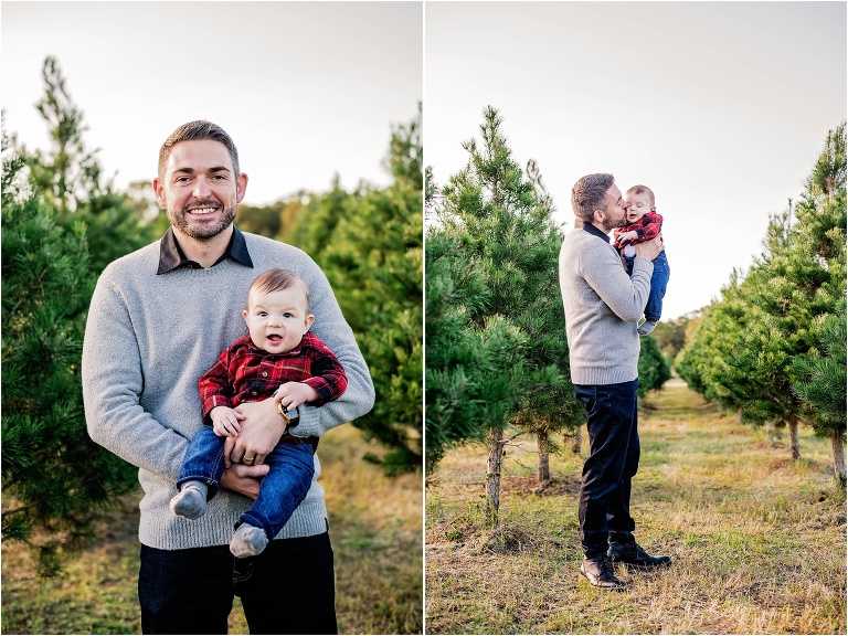 Father and Son at Christmas Tree Farm in Elgin Texas Family Photographer