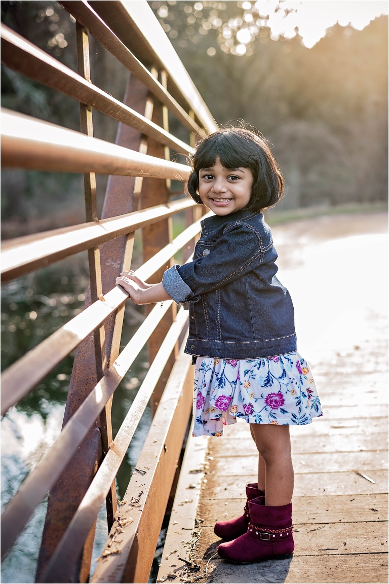 Toddler on bridge at sunset in Cedar Park Texas Natural Light Child Photographer