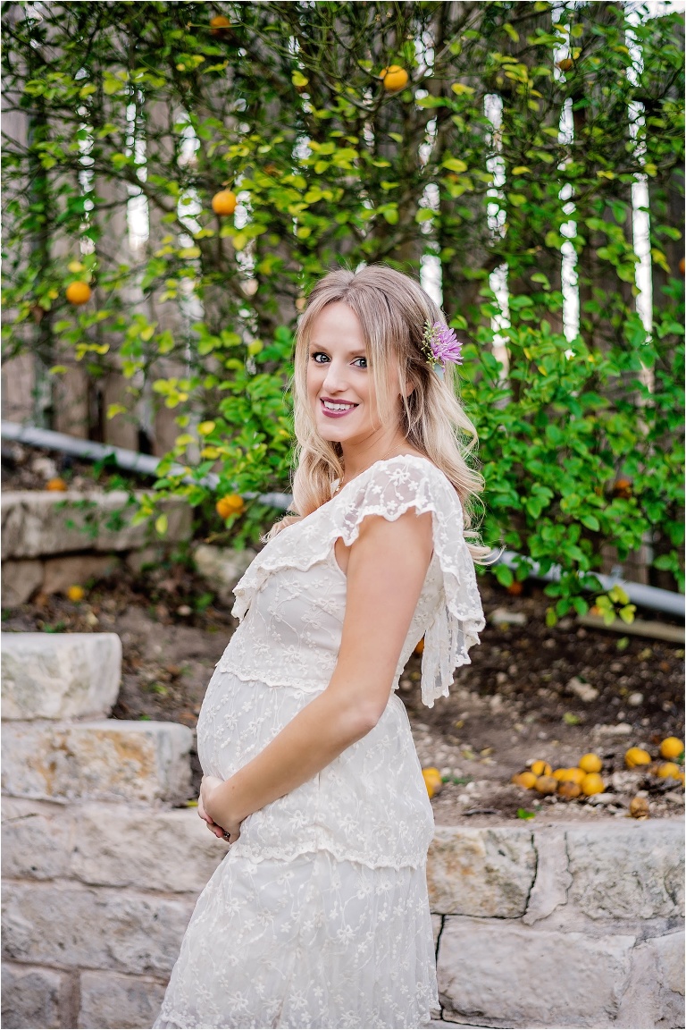 Maternity Photoshoot Expecting Mom in White Lace Dress Austin Texas