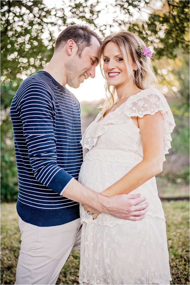 Beautiful expecting couple at golden hour in Austin Texas Maternity Photoshoot Natural Light Photographer