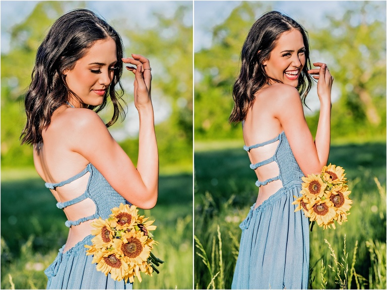 Senior Portrait Girl in field holding Sunflowers wearing blue dress Georgetown Texas Photographer