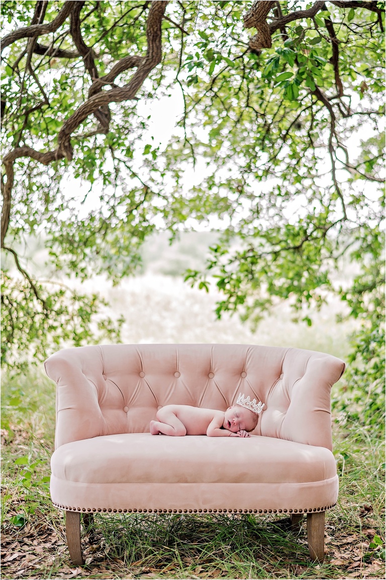 Newborn Photoshoot in Austin Texas Baby Girl on Pink Couch with Crown Natural light Photographer Round Rock