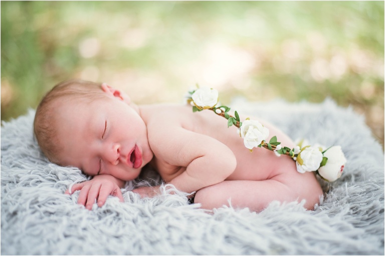 Newborn Photoshoot in Austin Texas Baby Girl on grey blanket with flower Crown Natural light Photographer Round Rock