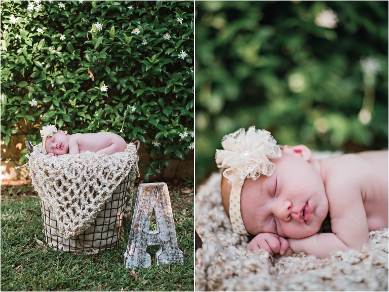 Newborn Baby Girl in Austin Texas Summer Photoshoot in metal basket wearing flower headband Natural Light Photoshoot