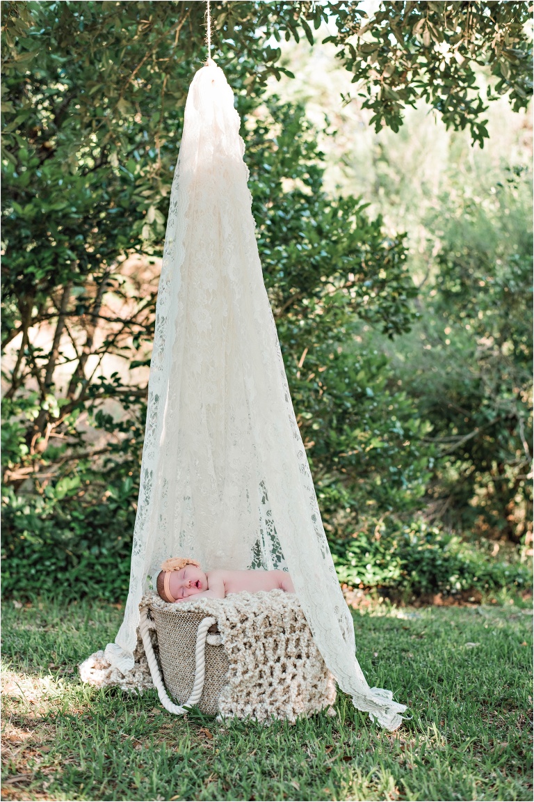 Newborn Baby Girl in Austin Texas Summer Photoshoot in basket under lace Natural Light Photoshoot