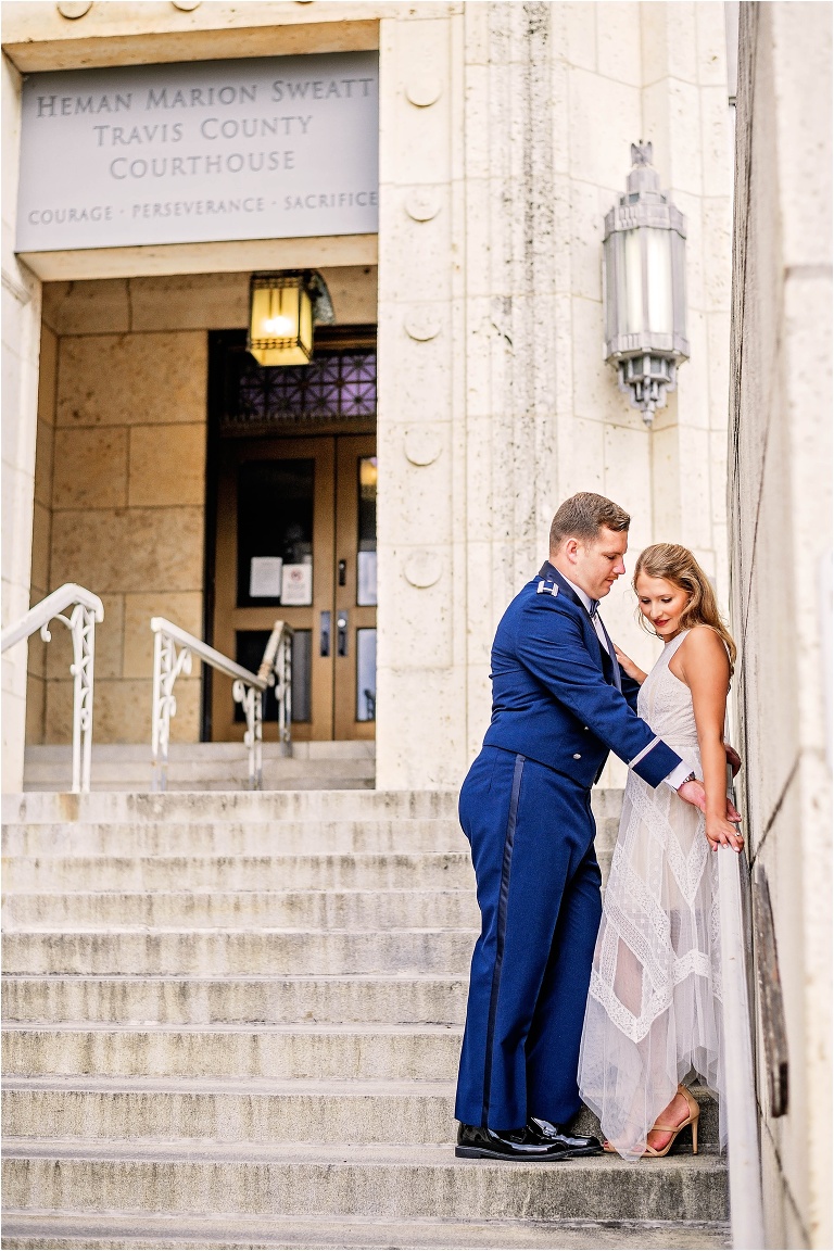 Couple outside of Downtown Austin Court House Elopement Portraits Photoshoot in South Austin Texas