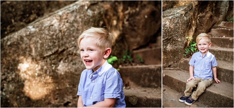 Little boy on rock stairs in Austin Texas Family Photoshoot by Natural Light Children Photographer