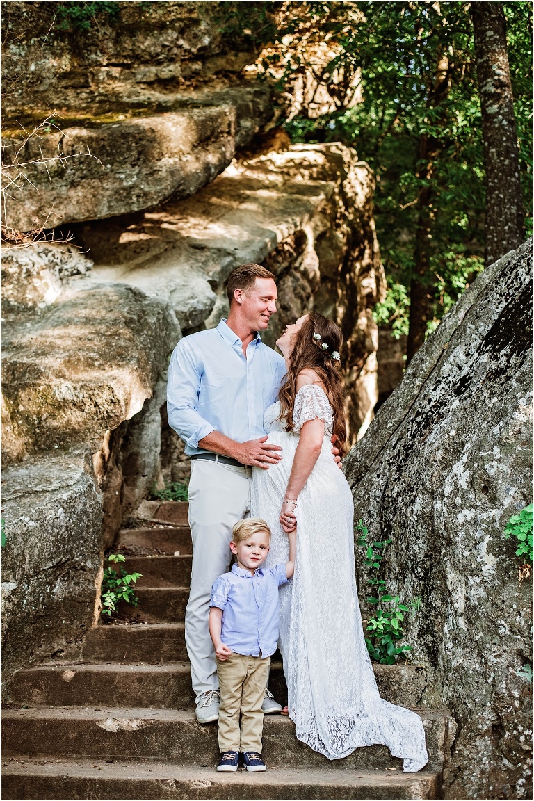 Family on rock stairs in Austin Texas Maternity Photoshoot by Natural Light Family Photographer