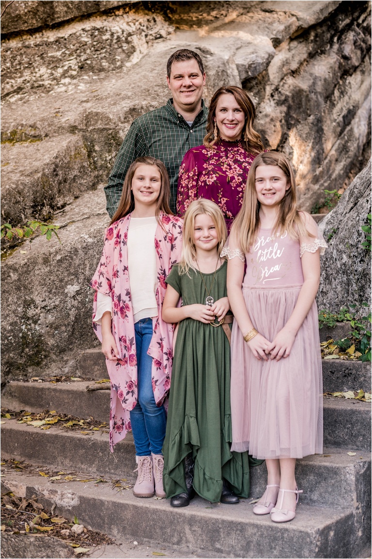 Beautiful family of five in Austin Texas Bull Creek Park by natural light photographer