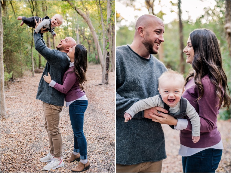 Family of three in Round Rock Texas Parents with little six month old boy fall holiday photos by natural light photographer