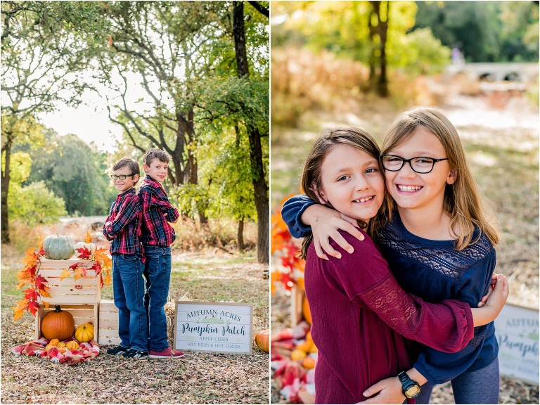 Siblings cuddled together during fall family photoshoot in Cedar Park Texas by child photographer