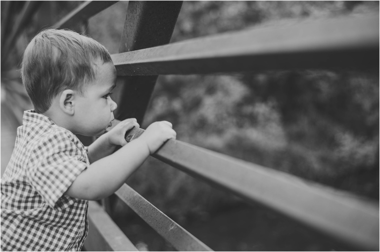 Little boy on bridge in Cedar Park Texas looking out at water during family photoshoot by natural light child portrait photographer