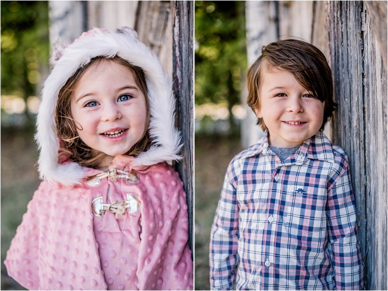 Siblings outside of white barn in Georgetown Texas during family Christmas mini photoshoot by natural light portrait photographer