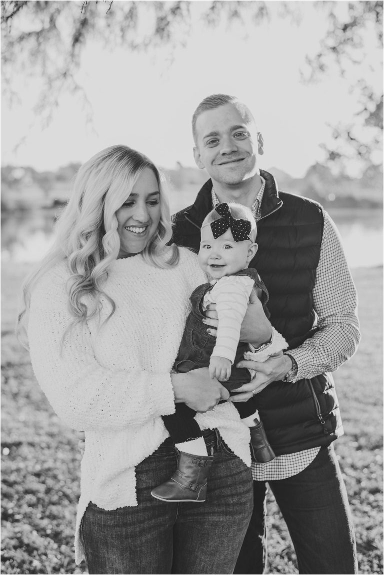 Family of three during morning Christmas photoshoot in Round Rock Texas by natural light portrait photographer